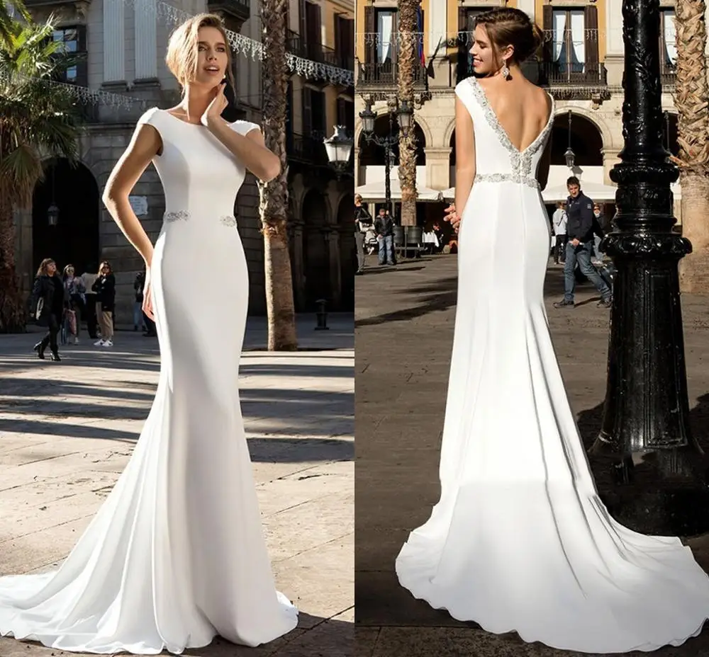 인어 긴 웨딩 드레스 2021 Vestido 드 Novia 새틴 파란색 된 모자 슬리브 Backless 신부 가운 가운 Mariee