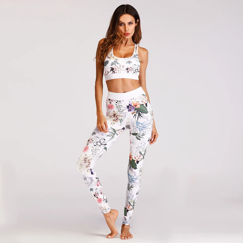 Women Yoga Sets Print Flower 2 pieces Gym Clothing Bra & Leggings Workout Outfit Female Athletic Pilates Training Fitness Sets