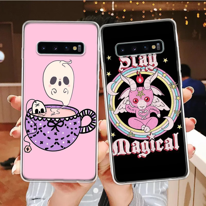 Capa de telefone de silicone para Samsung Galaxy, gato rosa, feiticeira do crânio, chamada de bruxa, S23, S24 Ultra, S21, S20 FE, S22, S10 Plus, S10E, S9, S8 +