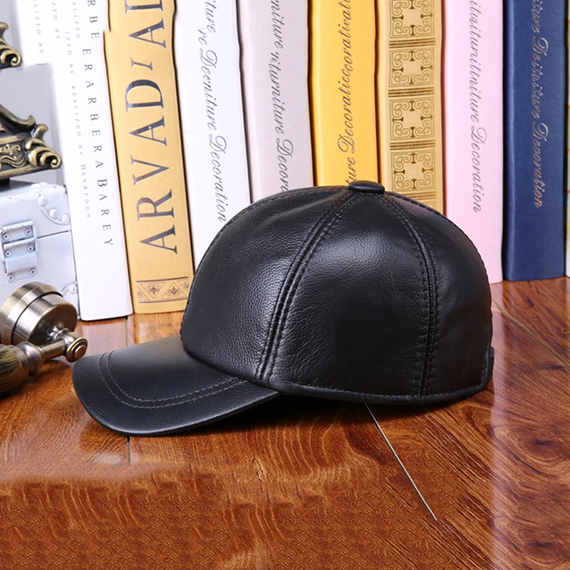 Men Women Real Cowhide Leather Earlap Caps Male Female Fall Winter 100% Real Cow Leather Hats New Casual Outdoor Baseball Cap