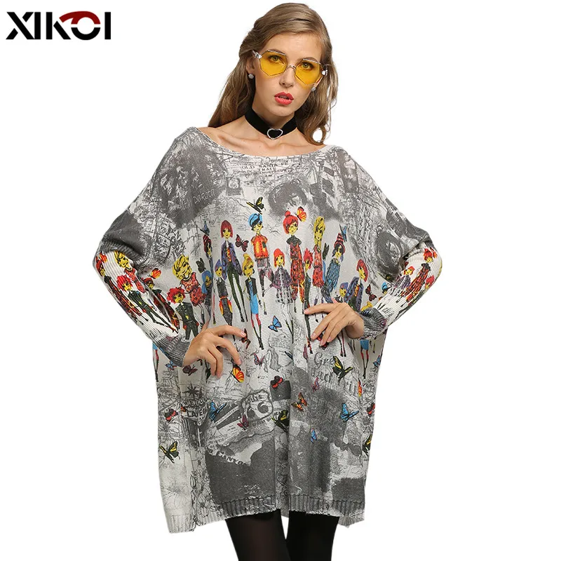 New Butterfly Novel Doll Print Women Pullovers Oversized Sweater Dress Autumn Pull Femme Long Warm Batwing Sleeves Clothes