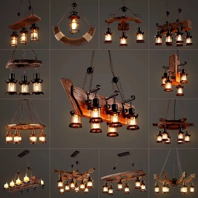 

Nordic Retro Bar Industrial Wind Country Country Solid Wood Chandelier Personality Old Boat Wood Chandelier Lighting Luminaire