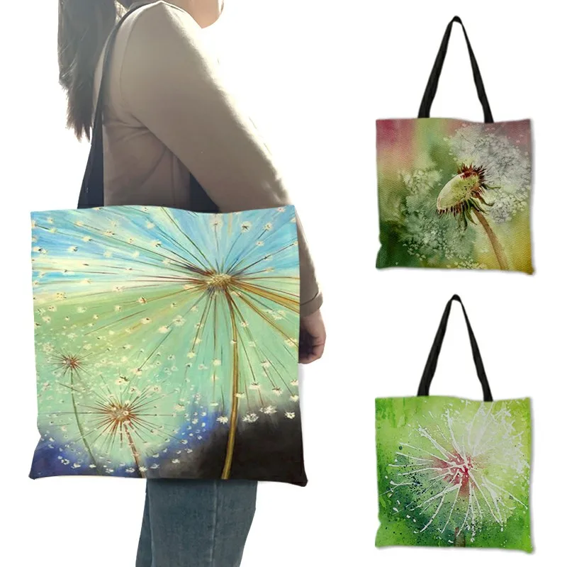 2018 Fashion Women Totes Dandelion Prints Eco Linen Travel School Handbag Sac De Courses Casual Practical for Ladies Girls