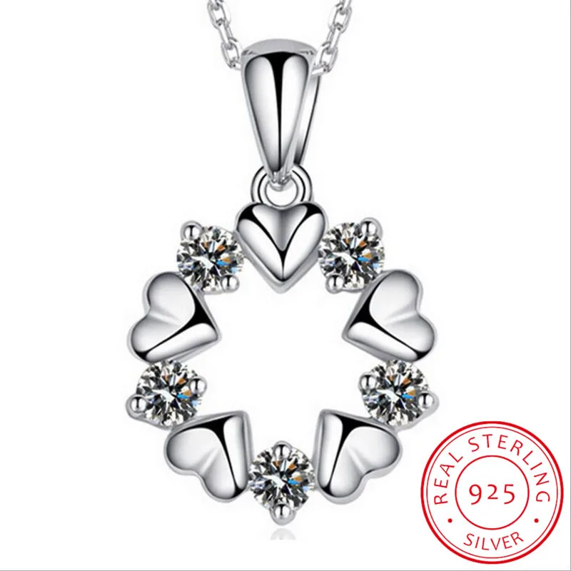 925 Sterling Silver Jewelry Love Heart Zirconia Flower Pendant Necklace For Women Gift 45cm Chain choker collares S-N153