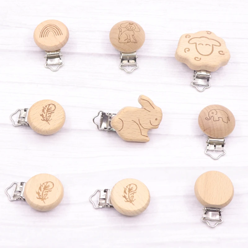 5pcs 30mm Laser Patern Metal Steel Round Beech Wood Clips Baby Teethers Toys Pacifier Chain Holder Making