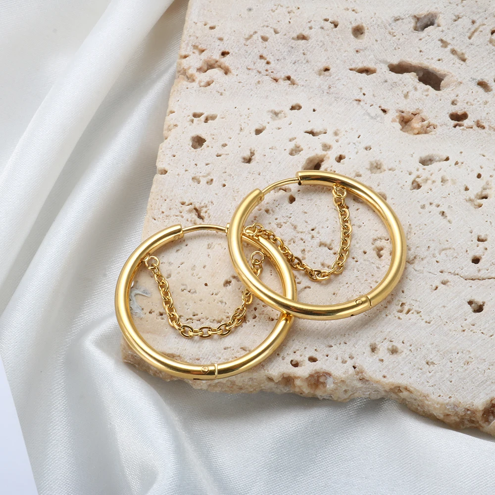 2PC /Set Stainless Steel Small Hoop Earrings for Women Golden Circle Thick Ear Ring Piercing Tassel With Chain Earrings Jewelry