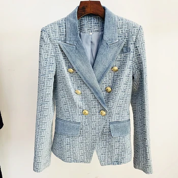 HIGH STREET Neueste 2024 Designer-Jacke für Damen, zweireihig, Löwenknöpfe, Monogramm, Jacquard-Denim-Blazer