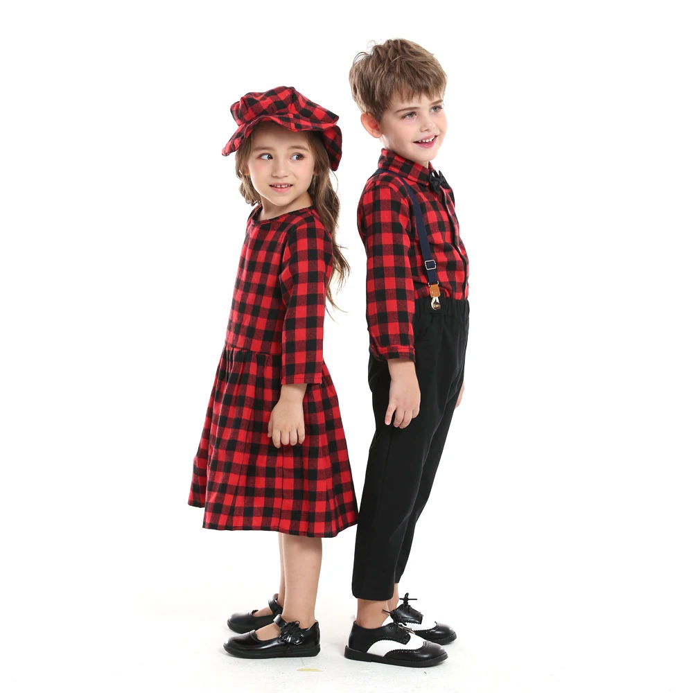 top and top Autumn Winter Brother and Sister Plaid Matching Outfits,Kids Boys Gentleman Clothes+Girls Casual Princess Outfits