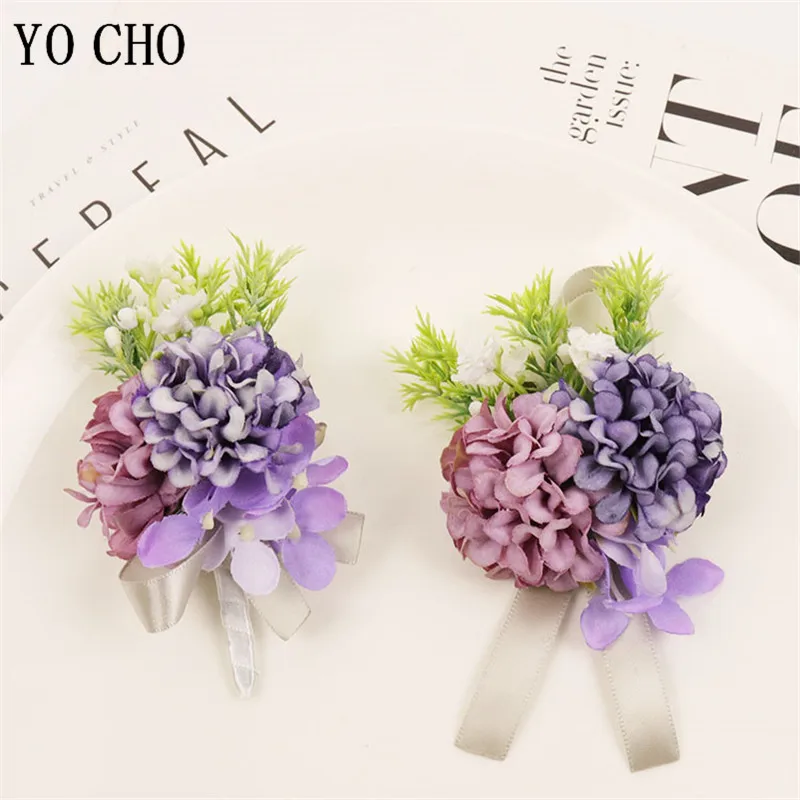 YO CHO-flores artificiales de seda para boda, Boutonniere para padrino de boda, ramillete de muñeca, pulsera para damas de honor, ramillete de matrimonio, accesorios