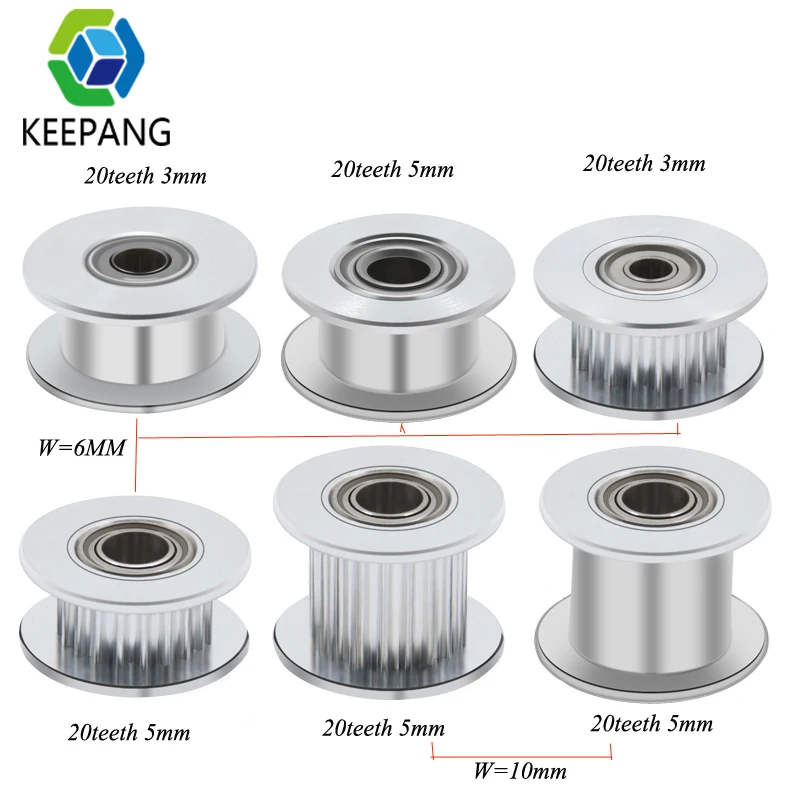 10pcs GT2 Idler Pulley 20 Teeth 16 T Bore 3mm 5mm with bearings 3D Printer Parts for 2GT Timing Belt Width 6mm 10mm H shape