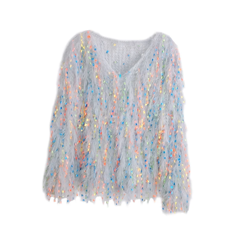 Rainbow Sequins Fringed Cashmere Sweater Coat Tassels Knitted Cardigan Mixed Color Fringed Velvet Fluffy Jacket Knitwear Tops