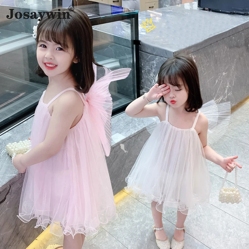 

2021 New Kids Dress for Girls Mesh with Wing Sling Girl Dress Vestidos Casual Dance Party Princess Girl Dresses Children Clothes