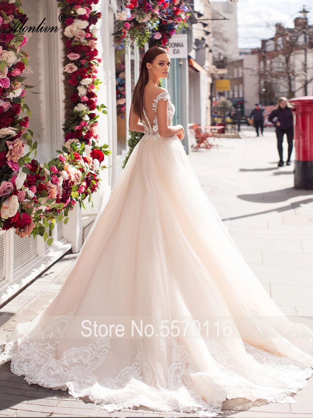 Alonlivn Elegant Sweetheart Wedding Dress Illusion Back With Button A-line Off Shoulder Skirts