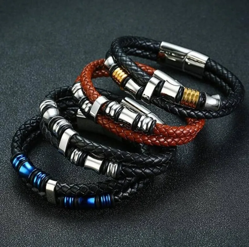 Charm Black Genuine Leather Bracelet High quality metal Double Braided Rope Bracelets for Men Women Magnetic Cuff Bangle