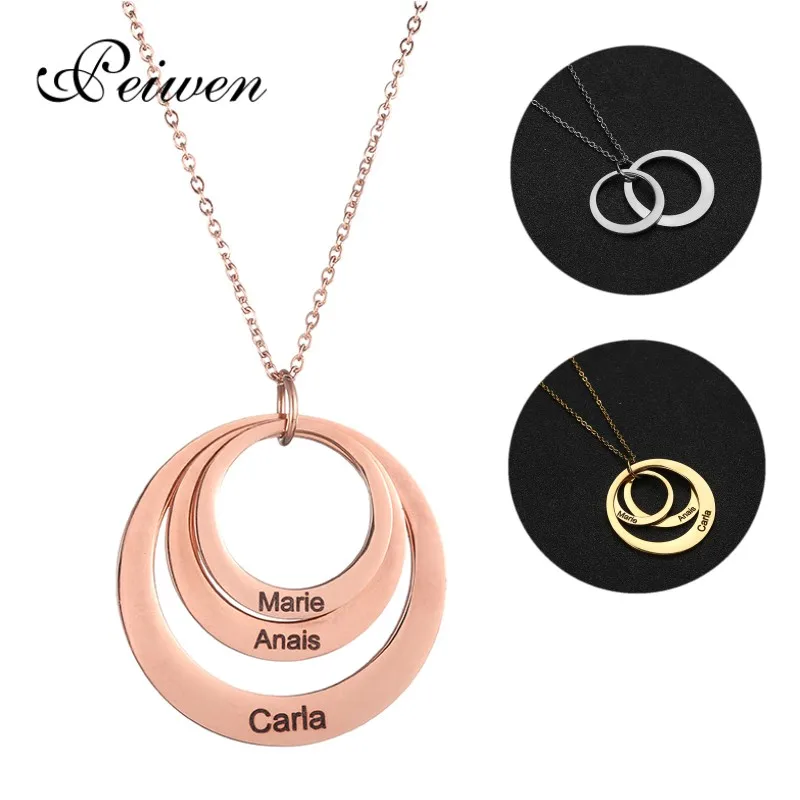 

Personalized Custom Name Necklaces Layered Engraved Names 3 Circles Round Pendant Necklace Rose Gold Silver Color Chain Jewelry