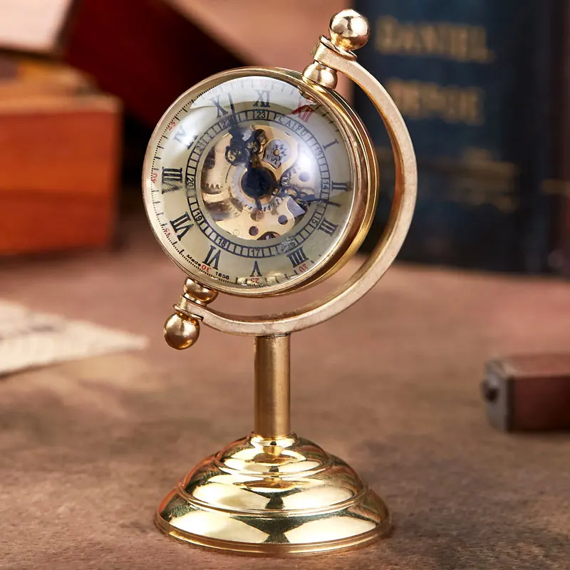 Horloge de Bureau en Or avec Globe Tournant pour Homme, Cadeau Créatif pour Montre de Poche, Horloge de Table en Cuivre, Mécanique, Nouvelle Collection