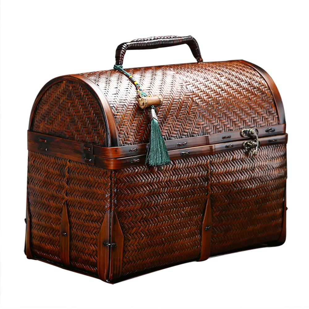 Chinese Traditional Style Delicate Portable Bamboo Hand Case For Collection Tea Sets Tea Pot Tea Cups Pure Hand Made Bamboo Bag