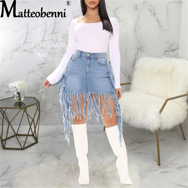 Women High Waist Sexy Jeans Skirts Top Quality Cotton Irregular Hole Ripped Tassel Denim Skirts Ladies Casual Street Short Skirt