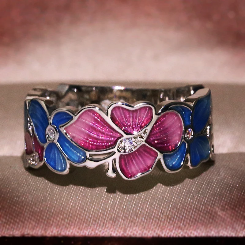 Fashion Flower Rings for Women Cubic Zirconia Ring Party Jewelry Enamel ring jewelry high quality