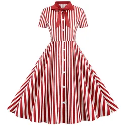 Women Elegant Vintage Summer Dress Short Sleeve Striped Print Bow Swing Party Dresses Casual Midi