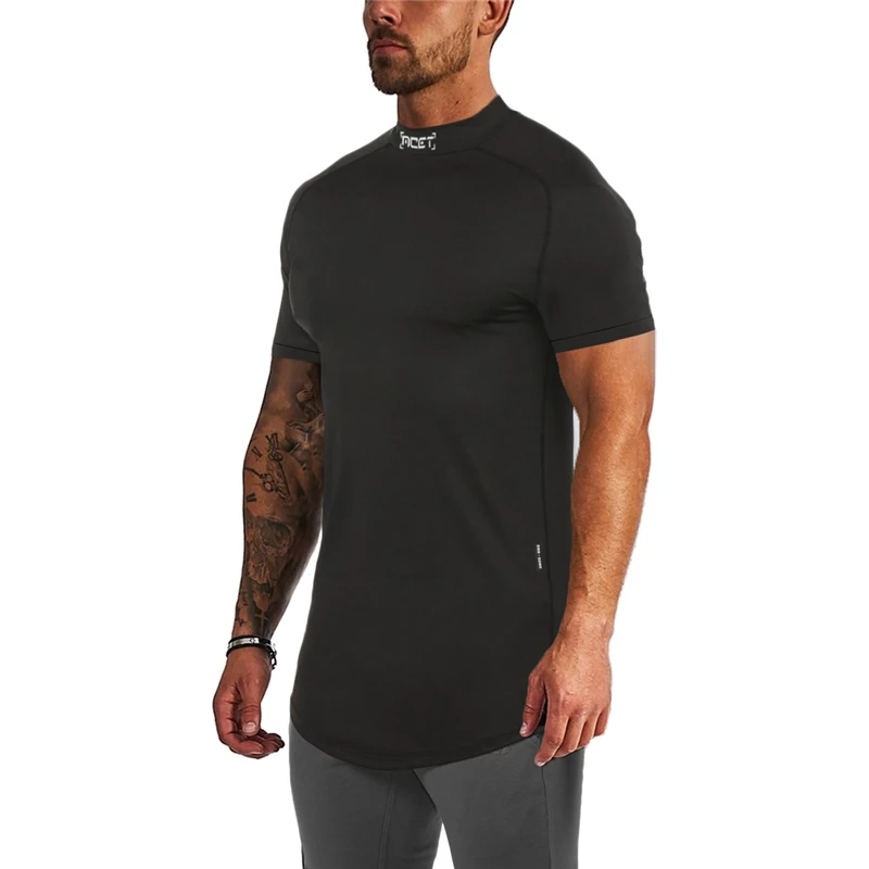 Men Short Sleeve T-Shirt Fashion Compression Breathable Close Gyms Singlet Cotton Bodybuilding Men Fitness High Collar Tshirt