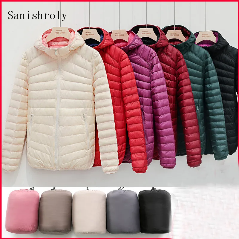 Sanishroly 2022 outono inverno mulher ultra leve pato branco para baixo jaqueta feminina com capuz puffer parkas reversível outwears topos 7xl