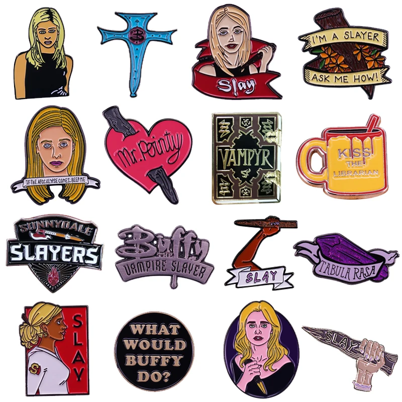 Buffy The Vampire Slayer Pin collection Mr. Pointy Stake Tabula Rasa Crystal Spell Librarian Mug Brooches Backpack Collar Badges