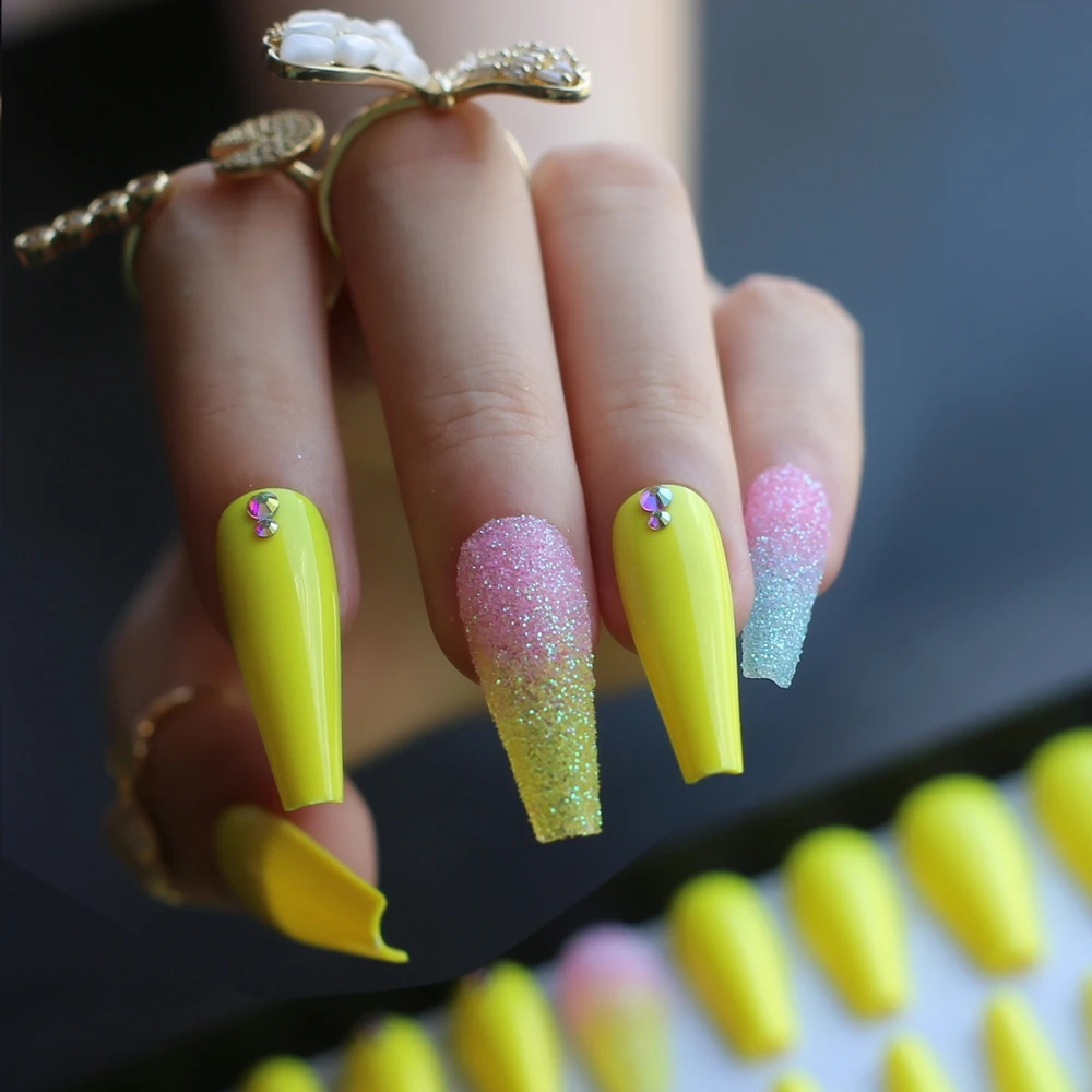 

Luxury Extra long coffin UV fake nail ombre glitter nude yellow false nails press on nails Color mixing design nails