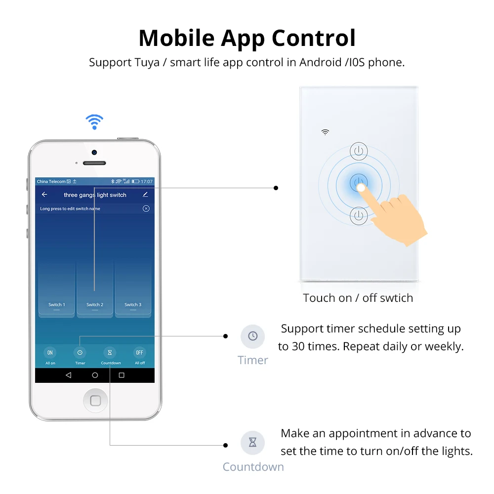 Zemismart US Tuya WiFi Light Switch Neutral Optional Wire 1 2 3 Gang  Alexa Google Home Assistant Smart Life Control 100v 240V