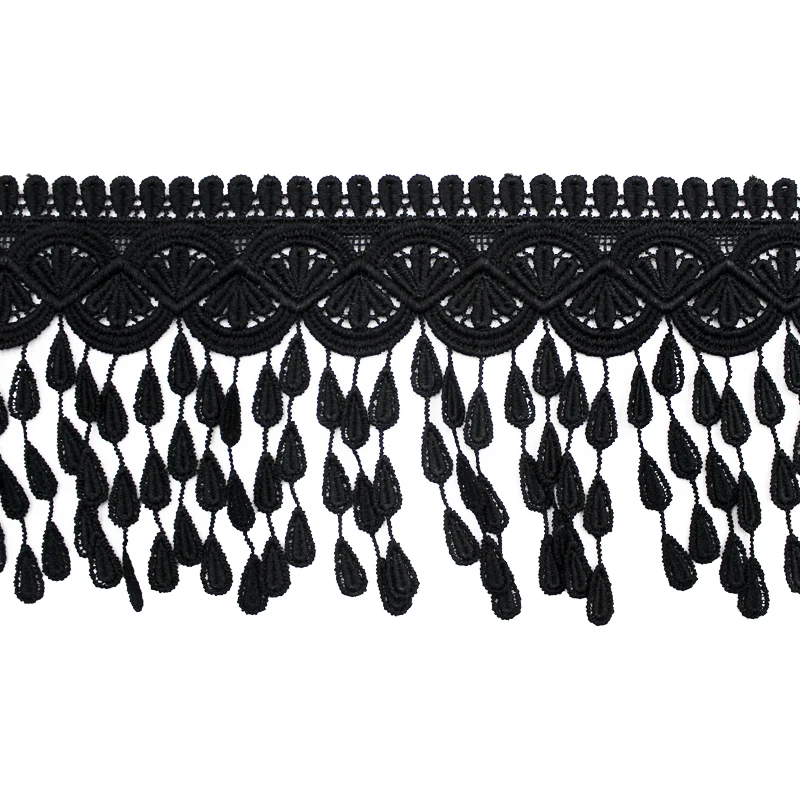 Cotton Tassel Fringe Embroidered Lace Trim Ribbon Fabric, Handmade Sewing Supplies, Craft Gift, White and Black, 1 Yard