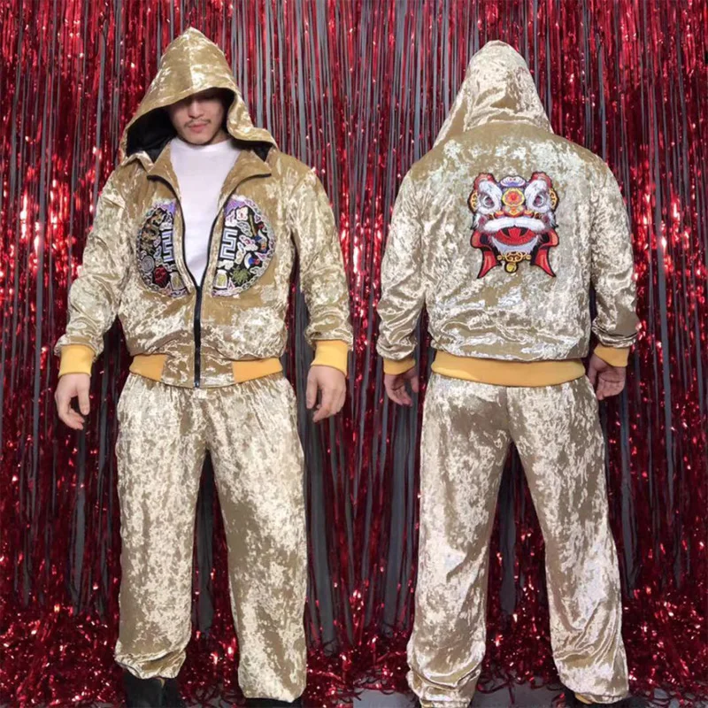 

Gold Velvet Lion Printed Jacket Pants Men Hip Hop Jazz Dance Cotumes Nightclub Stage Performance Clothes Rave Outfit XS1174