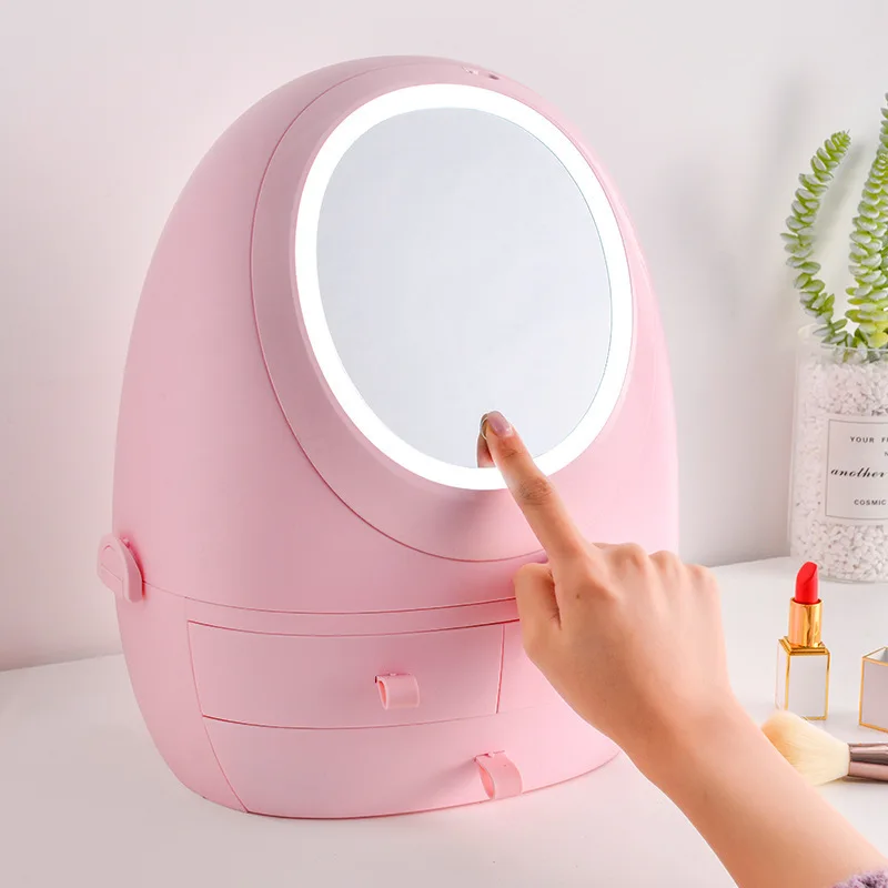 Space Capsule Cosmetic Storage Box Dressing Table LED Mirror Organizer Makeup Organizer Desktop Dust-proof Acrylic Organizer