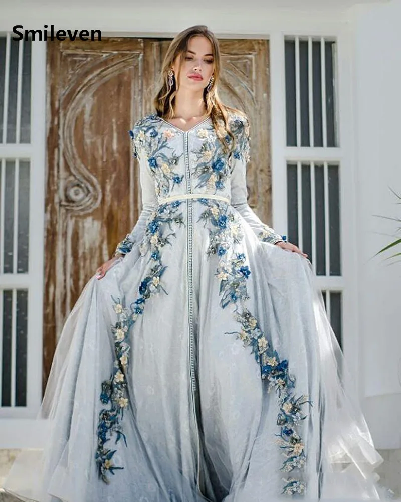 Smileven Moroccan caftan Sky Blue Evening Dresses 3D F lowers Arabic Muslim Special Occasion Dress Evening Party Gowns