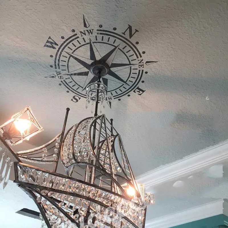 Large Ceiling Compass Ocean Wall Sticker Bedroom Living Room  Nautical Beach Compass  Copper Lamp Chandelier Wall Decal Vinyl