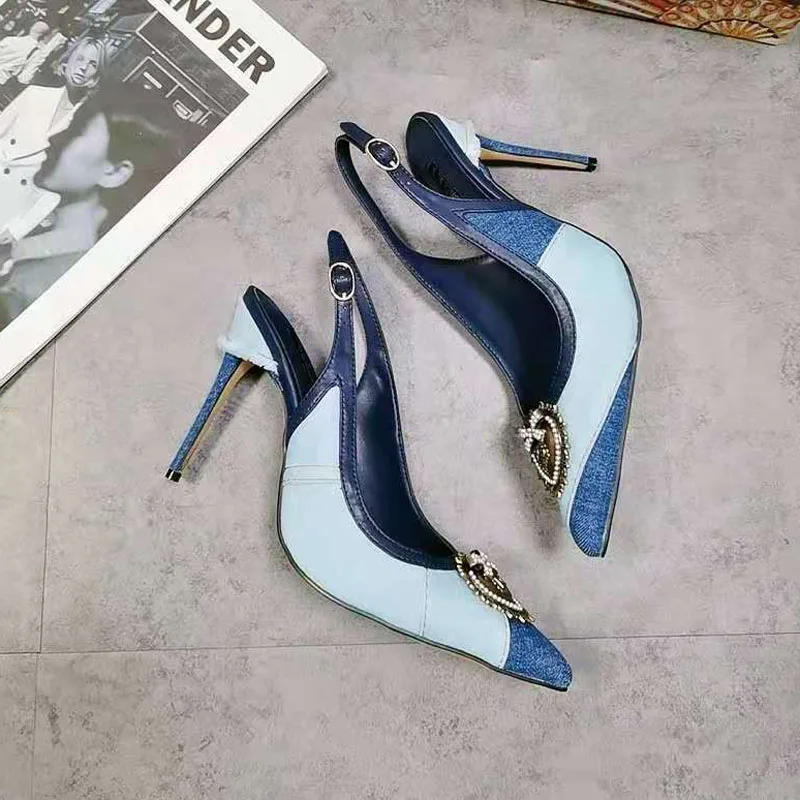 Women Blue Denim Gladiator Pumps Luxury Crystal Pointed Toe Buckle Ankle Strap Thin High Heeled Party Wedding Shoes