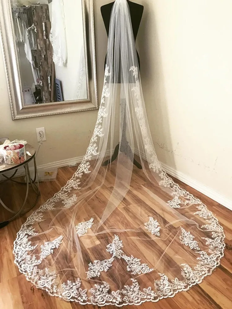 Elegante casamento acessórios apliques tule longo catedral véus de casamento borda do laço 1t véu nupcial 3 metros veu noiva