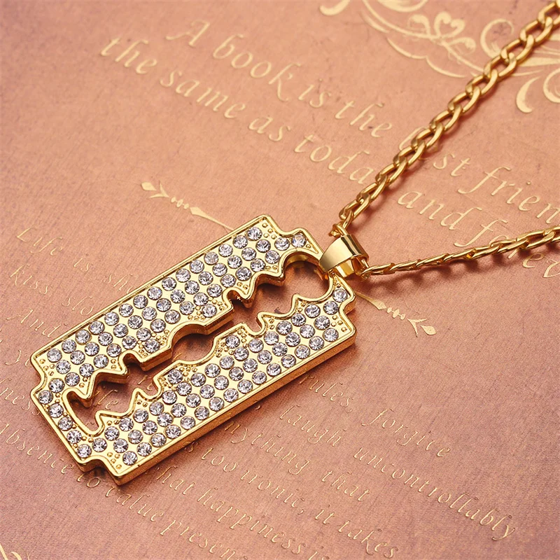 Creative Men's Alloy Shaver Pendant Necklace Fashion Golden Chain Rhinestone Blade Necklace Men's Hip Hop Popular Chain Necklace