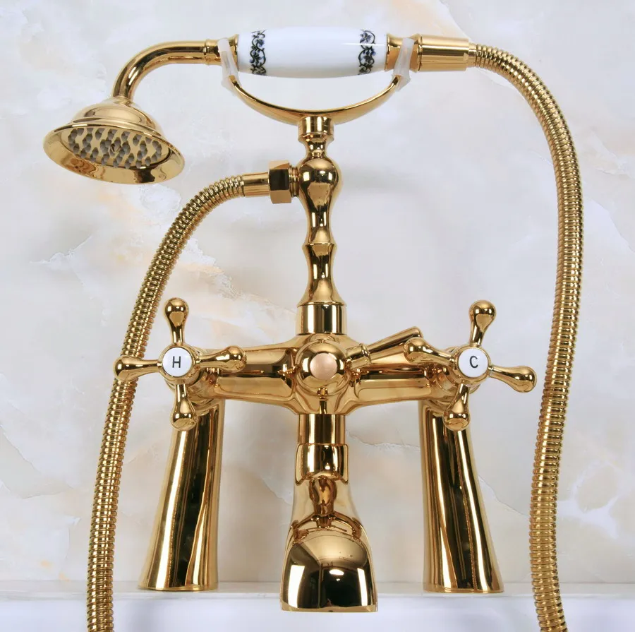 

Polished Gold Color Brass Deck Mounted ClawFoot Bathroom Tub Faucet Dual Cross Handles Telephone Style Hand Shower Head ana150