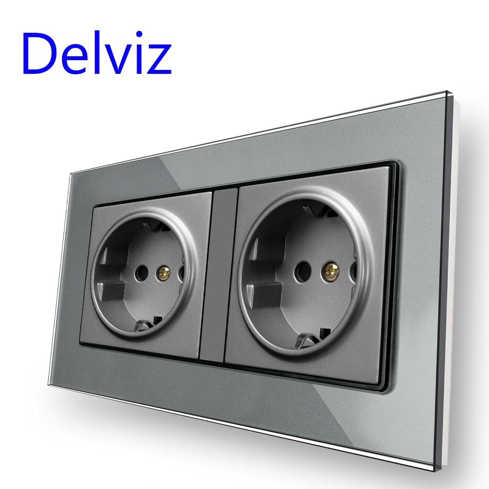 Delviz 16A Wall Power Socket, AC 110V~250V Rectangular socket,Gray Tempered Crystal Glass Panel, EU standard power Double Outlet