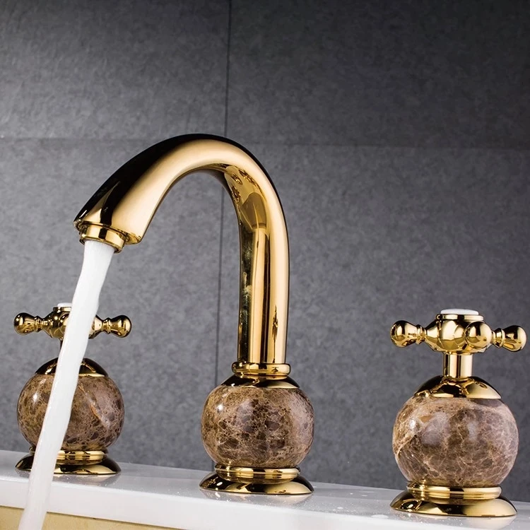 Luxury Gold Brass and Marble Bathroom Sink Faucet Three holes Two handles Top quality copper cold hot tap