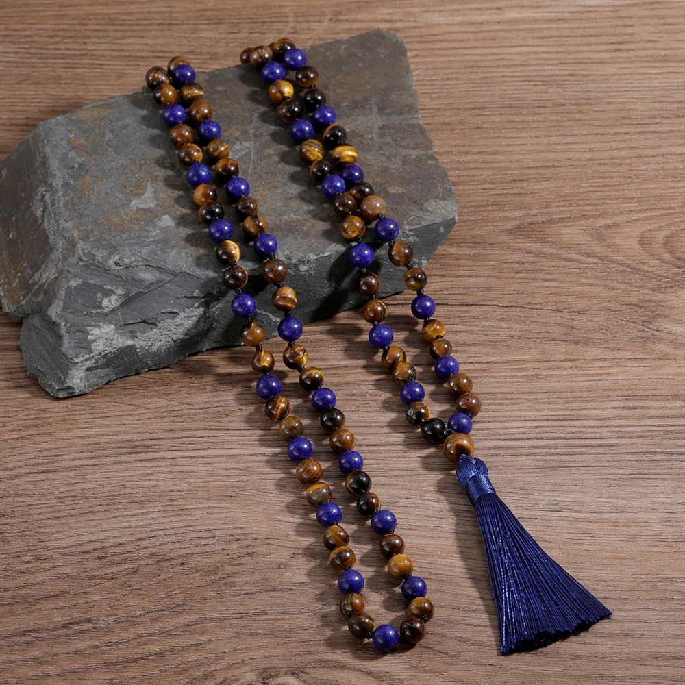 OAIITE 108 Mala Beads Lapis Lazuli Tiger Eye Stone Necklace Japamala Knotted Necklace With Tree of Life Amulet Rosary Jewelry