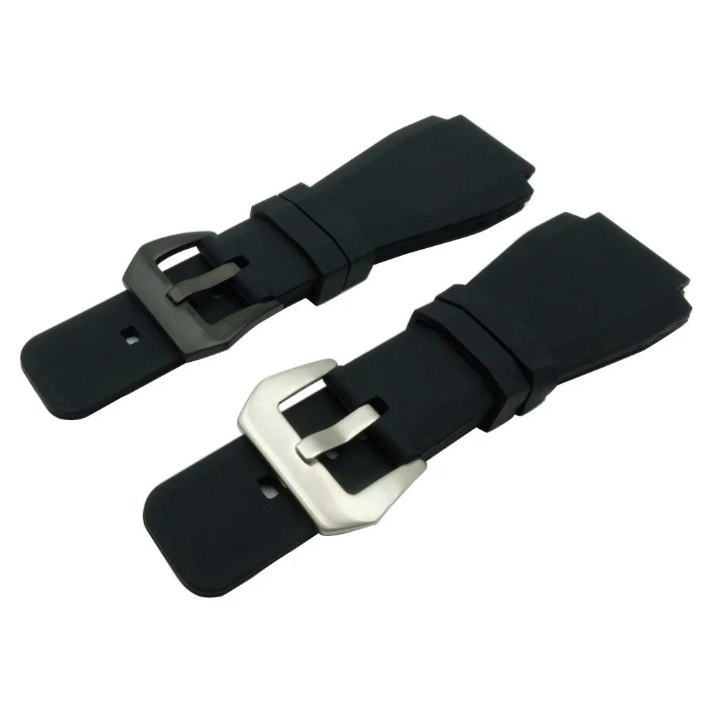 24 X 34mm Black Rubber Leather Watch Band Strap for Bell for Ross BR-01 and BR-03 DIY Replace Black / Silver Buckle