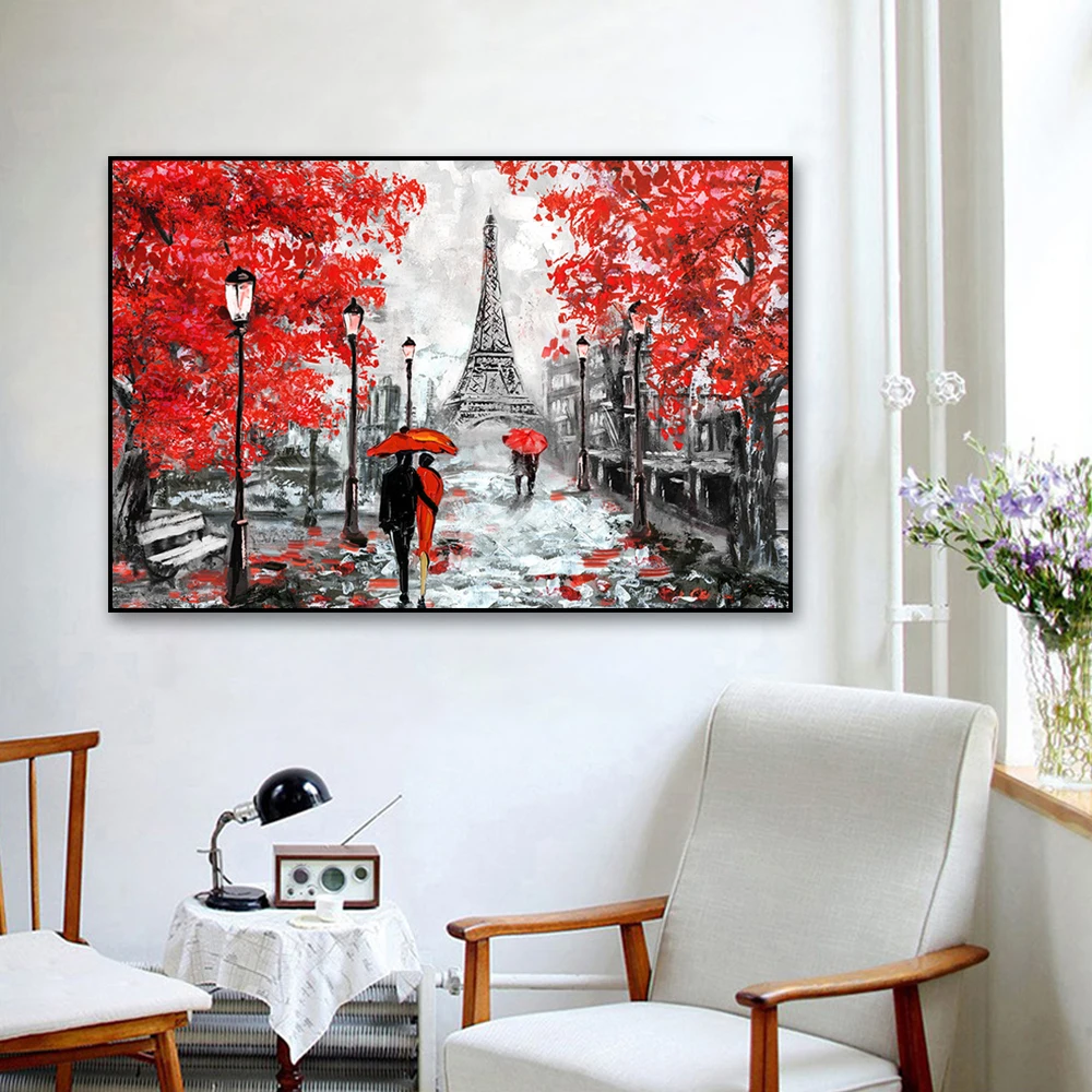 100% Hand Painted Abstract Oil Painting On Canvas Maple Forest Modern Paris Eiffel Tower Landscape Oil Painting Home Wall Decor