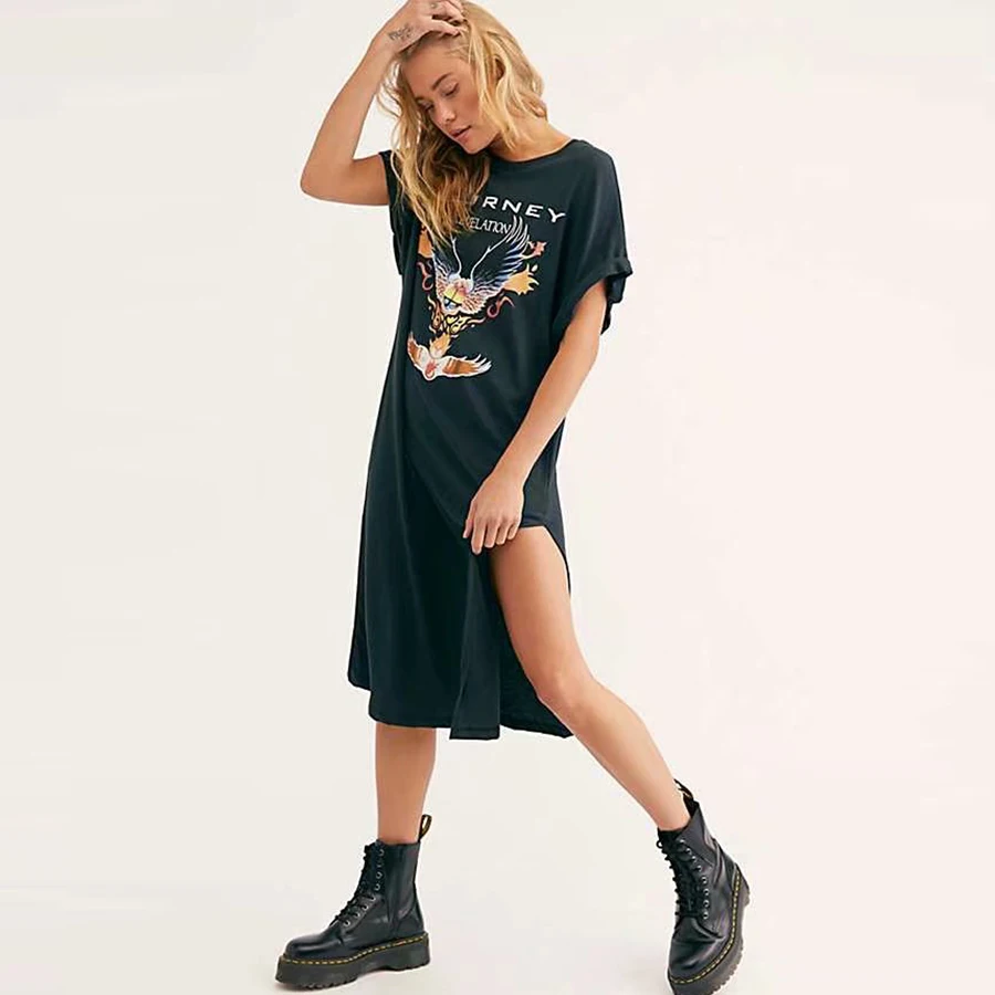 TEELYNN black tee dresses for women vintage black print T-shirt dress summer 2020 casual loose long dresses vestidos boho