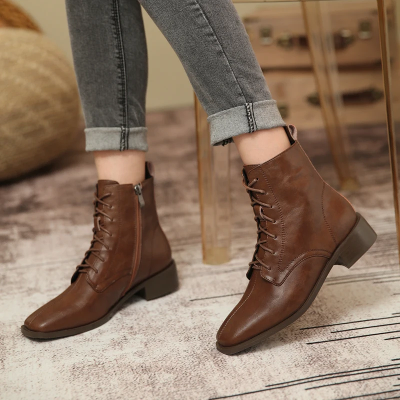 Women Boots Retro Chelsea Boots Women Shoes 2024 Winter Fashion Women ANKLE Boots Genuine Leather  Female Square Heel Leather