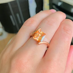 Square Orange Crystal Engagement Wedding Rings For Women Rose Gold Color Fashion Brand Yellow Cubic Zirconia Jewelry R419