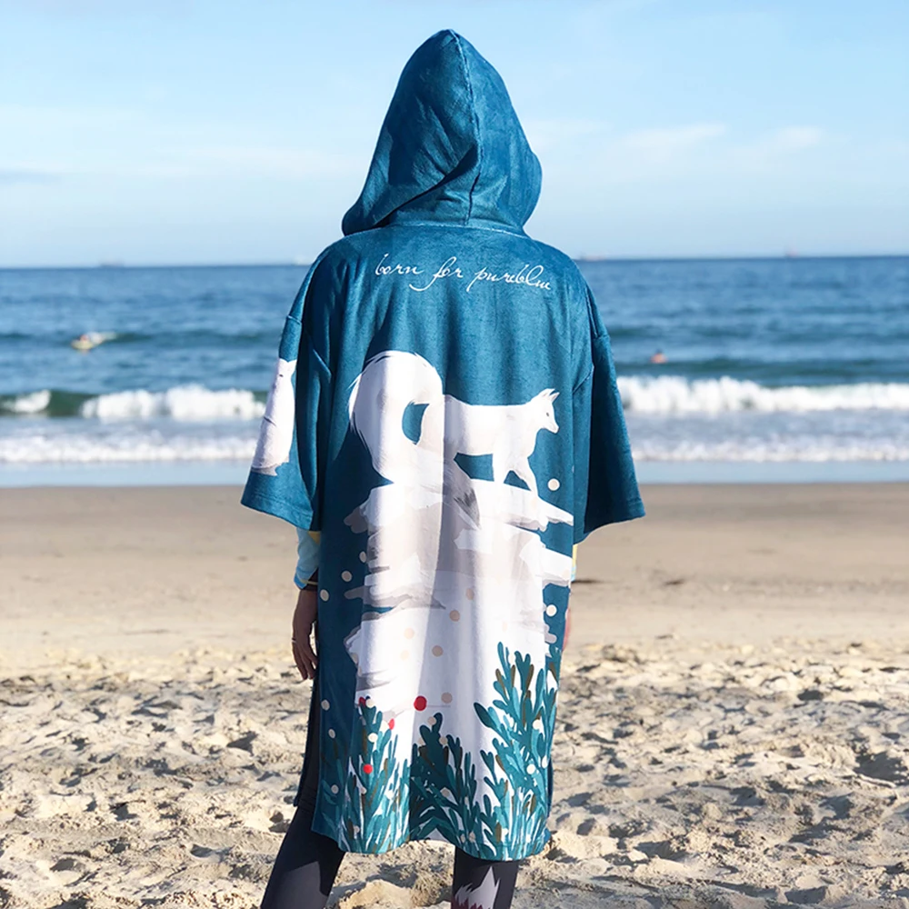 Nu-June Microfiber Printing Changing Robe Bath Towel Outdoor Hooded Beach Poncho Towels Women Man Swimming Diving Bathrobe Cloak