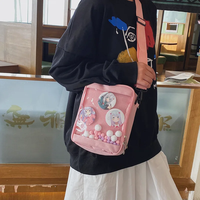 Japan itabag school girls student small canvas bag mesh pocket with colorful hairballs transparent bag flap crossbody bag women