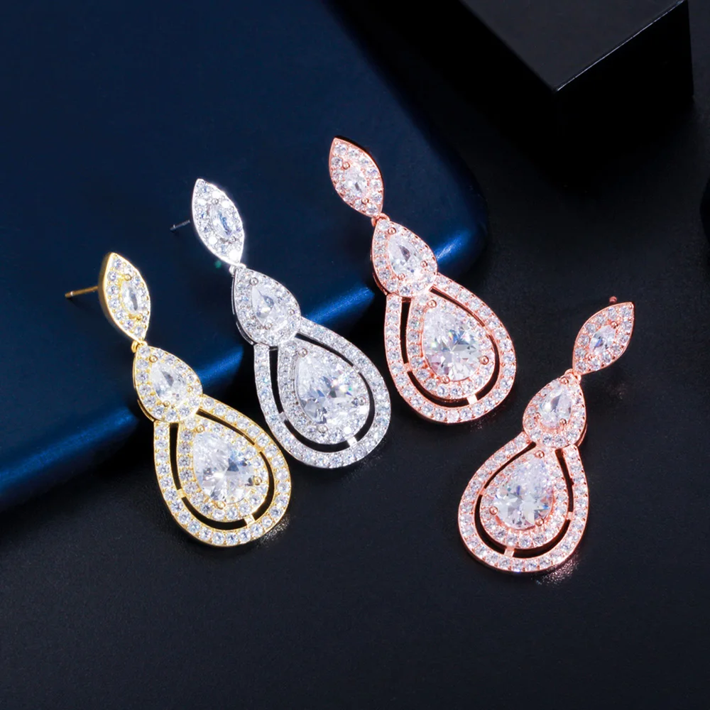 Pera Rose Gold Colour CZ Stone Dangle Big Water Drop Long Crystal Bridal Earrings for Brides Wedding Party Jewelry Brinco E740