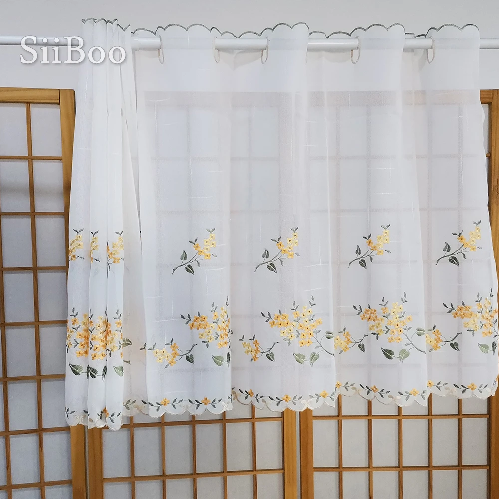 New fashion yellow floral embroidery lace half-curtain bay window curtain for coffee/kitchen room tulle SP3082 Free shipping